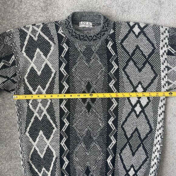 Vintage Sweater Mens Large Black White Cosby 80s Argyle Knit Striped Area by Tag - Picture 5 of 8
